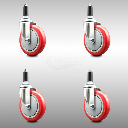 Service Caster 5 Inch 316SS Red Polyurethane Swivel 1-1/8 Inch Expanding Stem Caster Set SCC SCC-SS316EX20S514-PPUB-RED-118-4